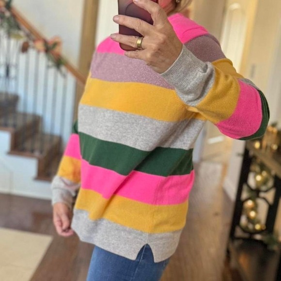 Boden Sweaters - Boden Cashmere Blend Rainbow Stripe Sweater | Pink Green Yellow XL